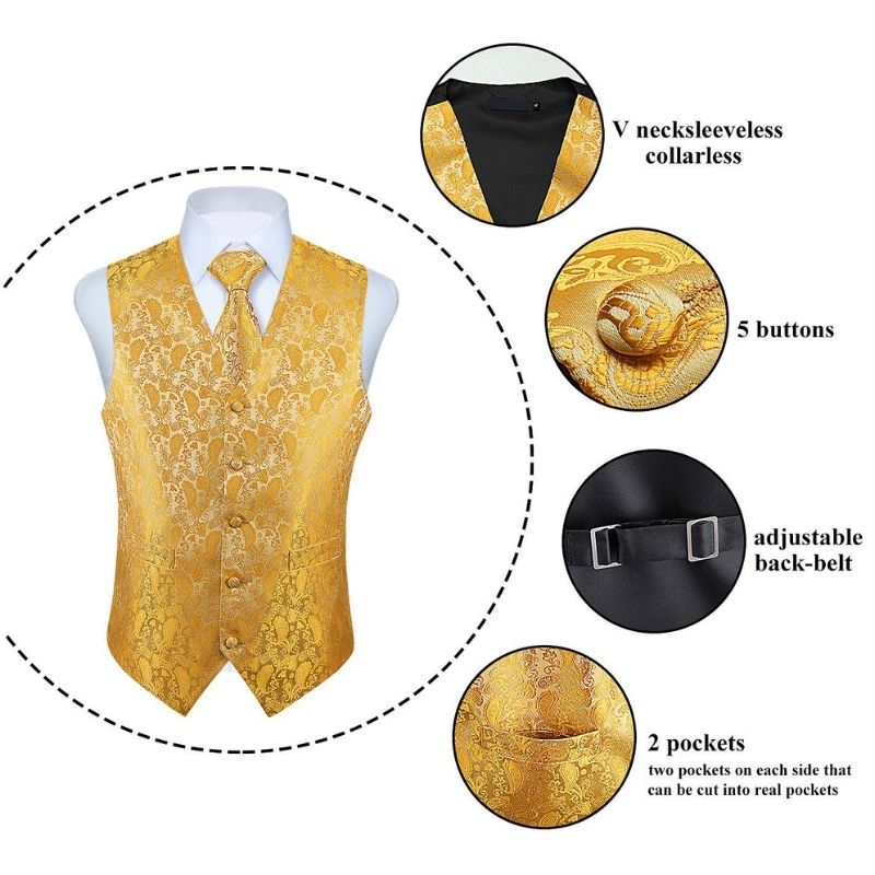 Hisdern Men's Yellow Paisley Vest Tie Set For Weddings