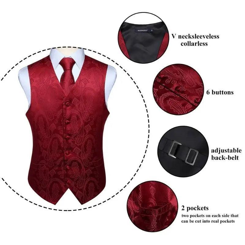 Hisdern Men's Burgundy Paisley Vest Tie Set For Weddings Anniversary