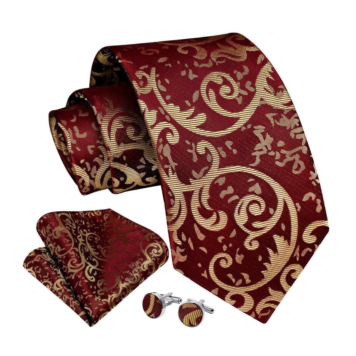 Hisdern Burgundy Gold Paisley Wedding Accessories Set with Cufflinks
