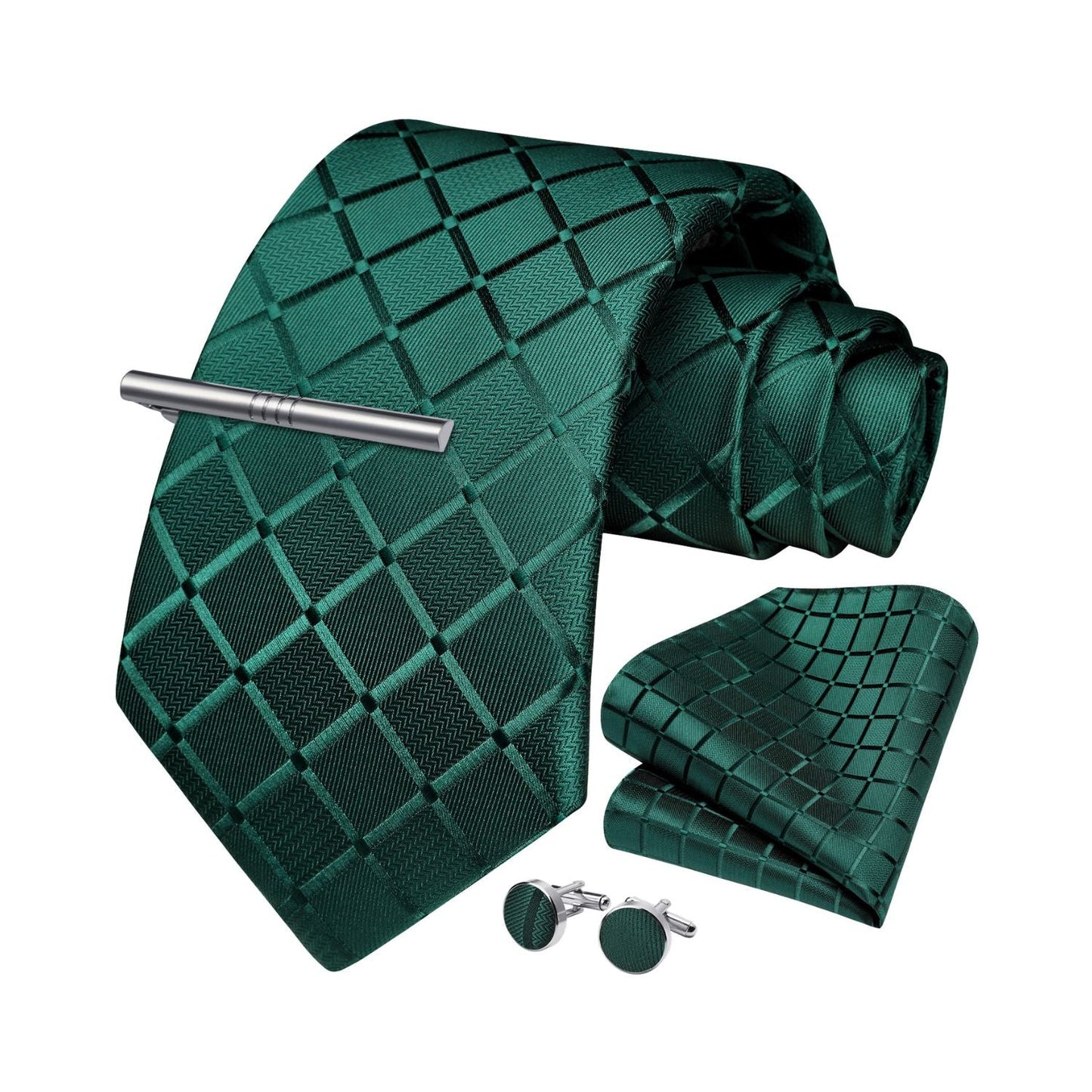 Hisdern Dark Green Plaid Wedding Accessories Set with Cufflinks Clip