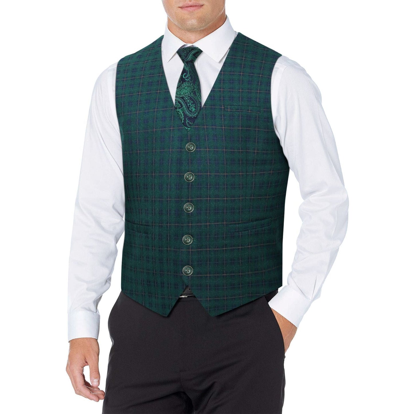 Hisdern Men's Green Plaid Wedding Vest For Skinny Guys