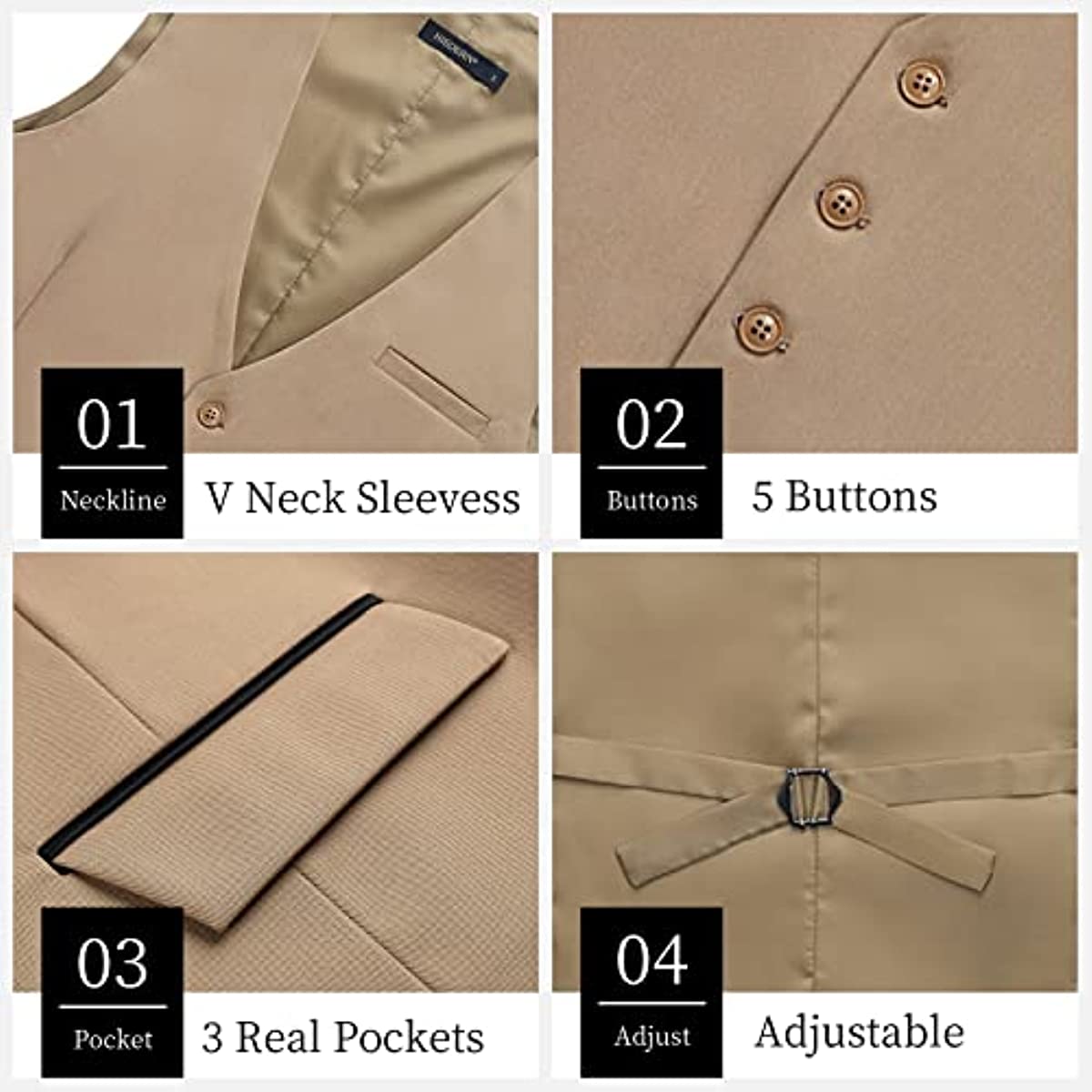 Hisdern Men's Light Khaki Satin Suit Vest Formal Wear