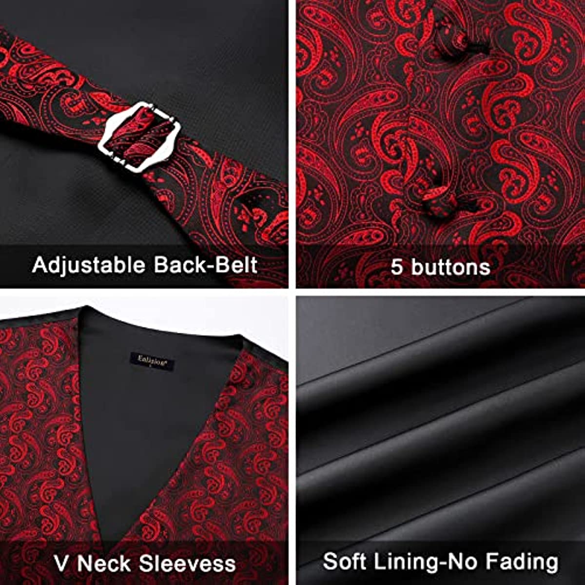 Hisdern Men's Burgundy Paisley Vest Tie Set For Weddings