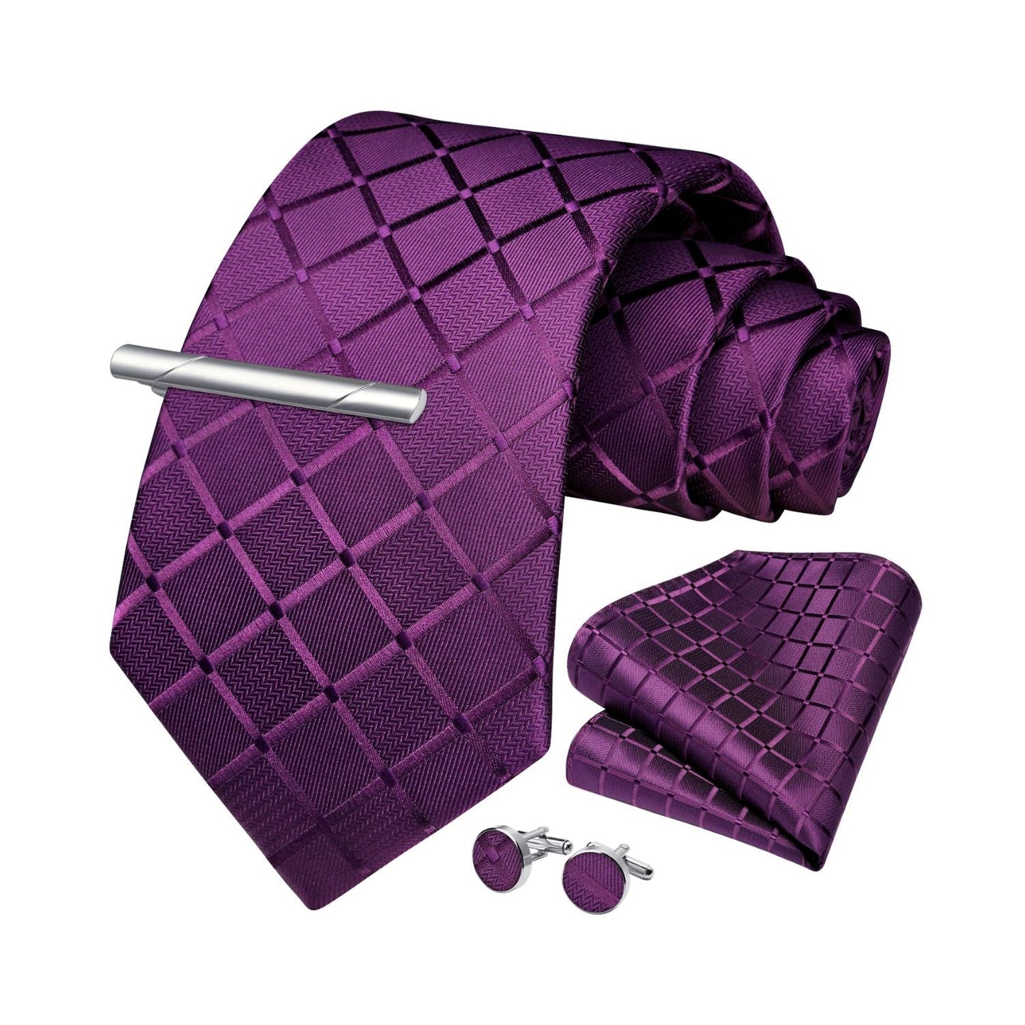 Hisdern Purple Plaid Wedding Accessories Set with Cufflinks Clip