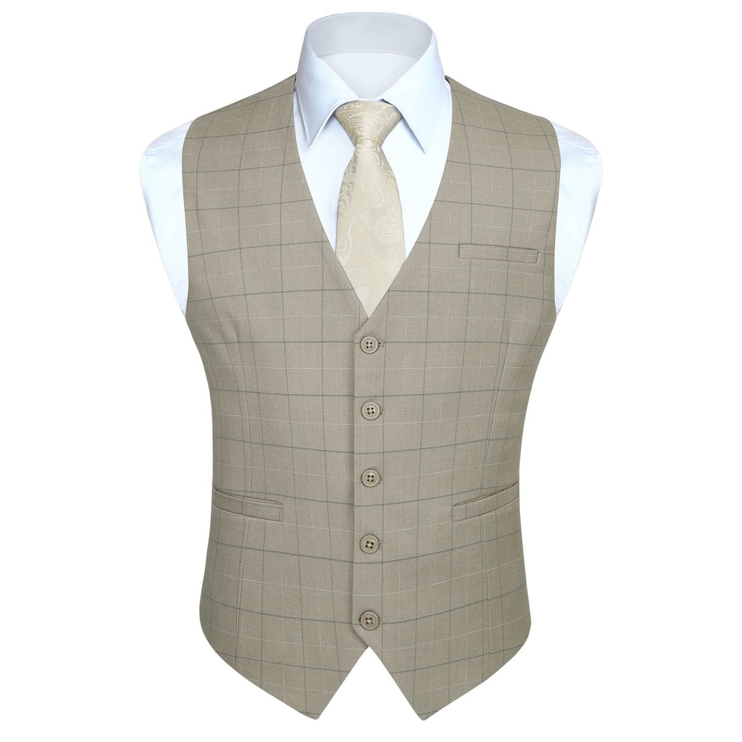 Hisdern Men's Beige Plaid Slim Suit Vest Formal Wear