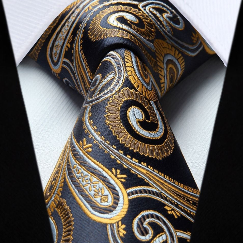Hisdern Navy Blue Gold Paisley Tie Set For Formal Wear