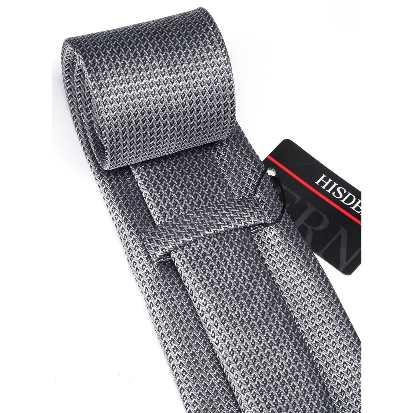 Hisdern Black Silver Houndstooth Business Tie Set with Cufflinks