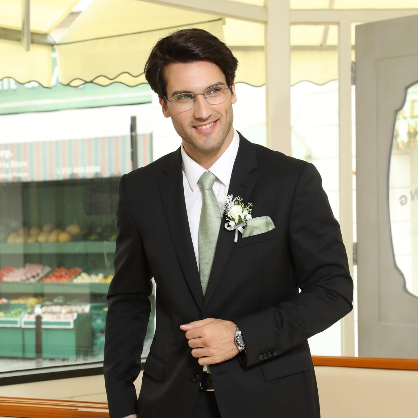 Hisdern Sage Green Houndstooth Wedding Tie Set