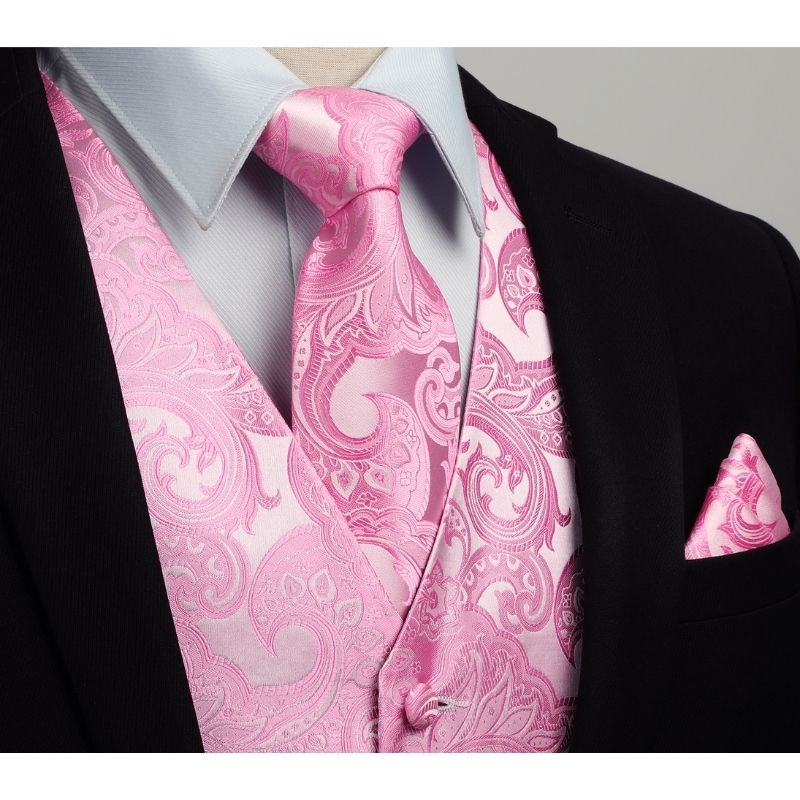 Hisdern Men's Pink Paisley Vest Tie Set For Weddings Anniversary