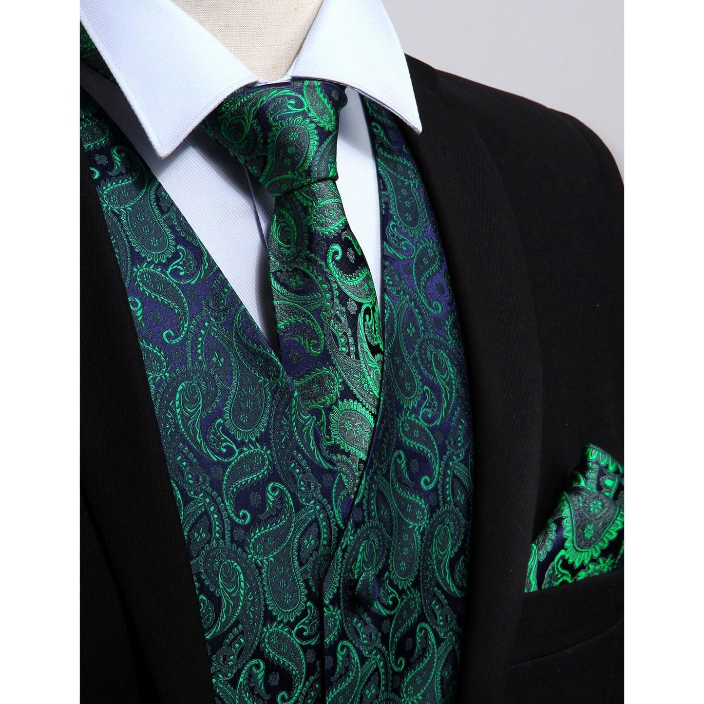Hisdern Men's Green Purple Paisley Vest Tie Set For Weddings