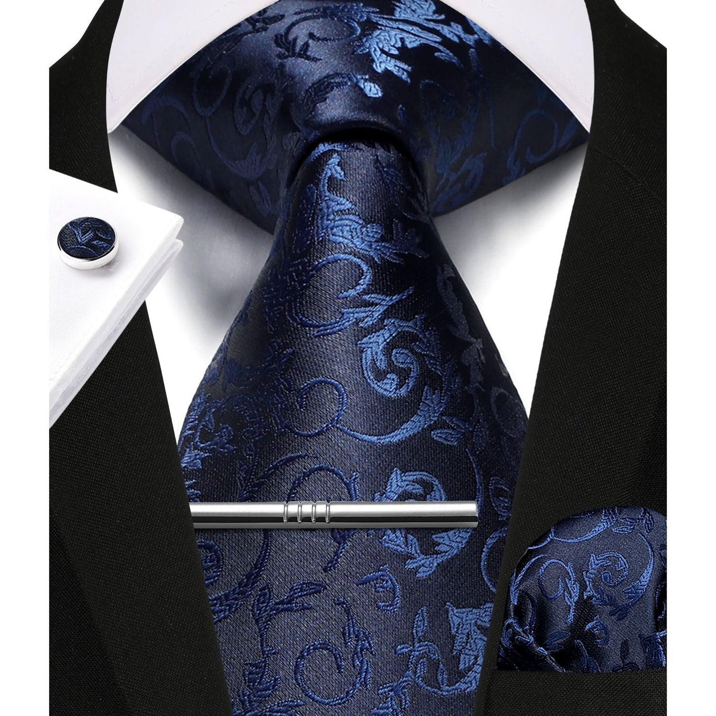 Hisdern Navy Blue Floral Wedding Tie Set with Cufflinks Clip