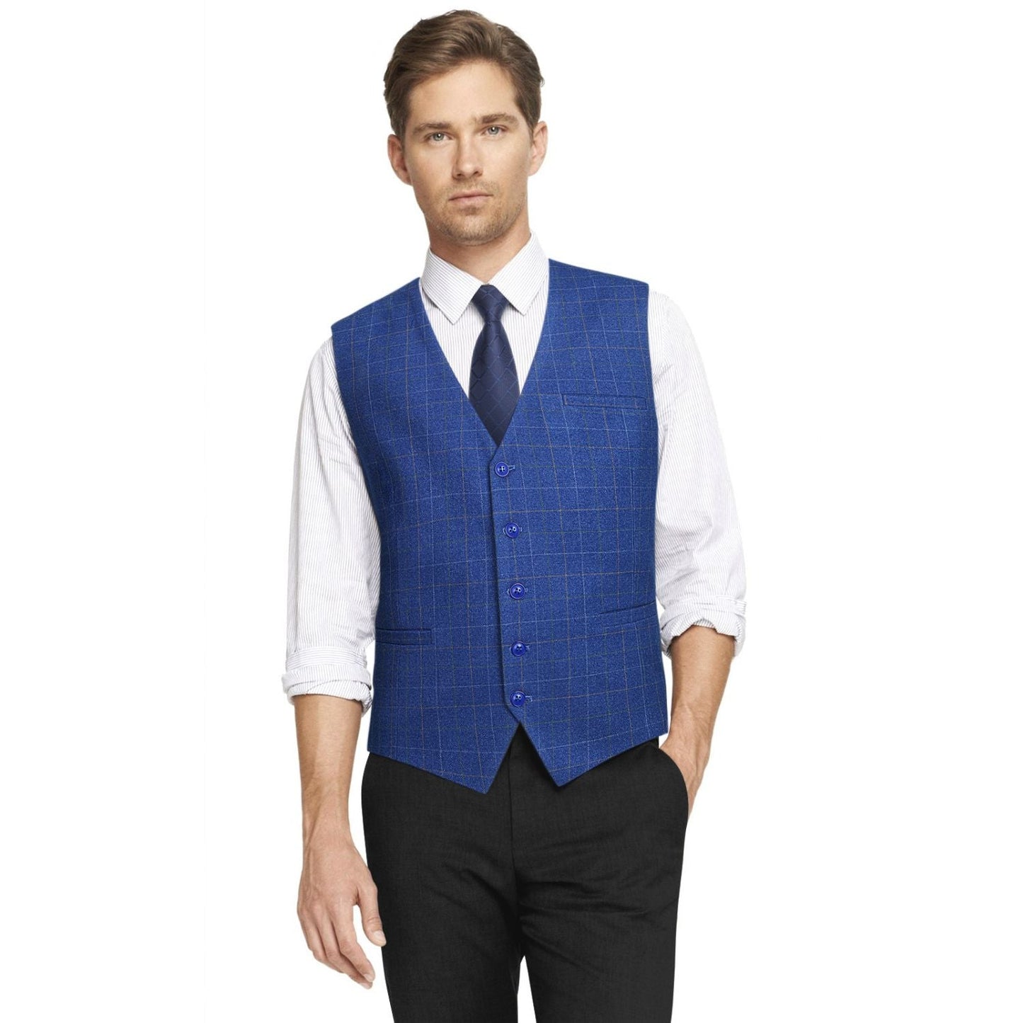 Hisdern Men's Royal Blue Plaid Slim Suit Vest Formal Wear
