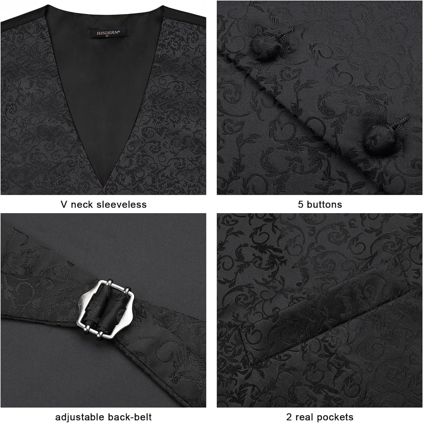 Hisdern Men's Black Floral Vest Tie Set For Weddings