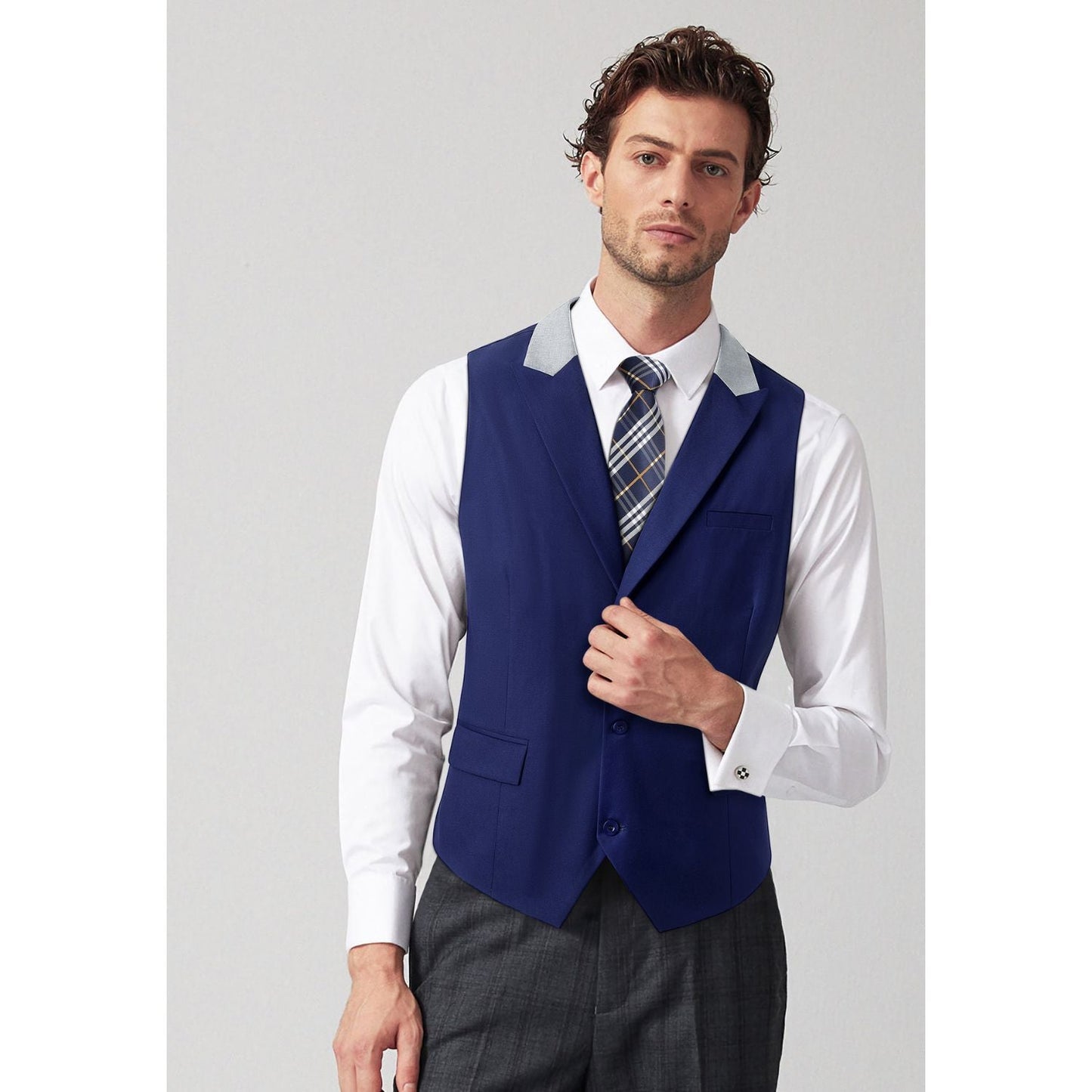 Hisdern Men's Navy Blue Satin Suit Vest with Lapel Formal Wear