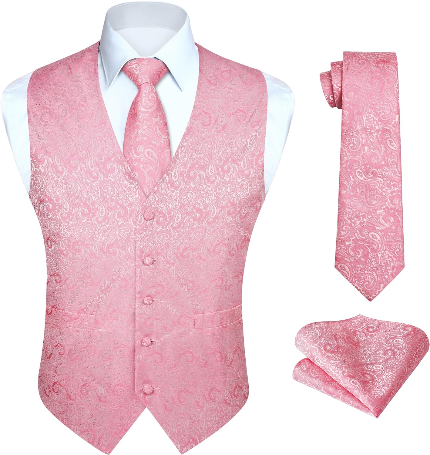 Hisdern Men's Pink Paisley Vest Tie Set For Weddings