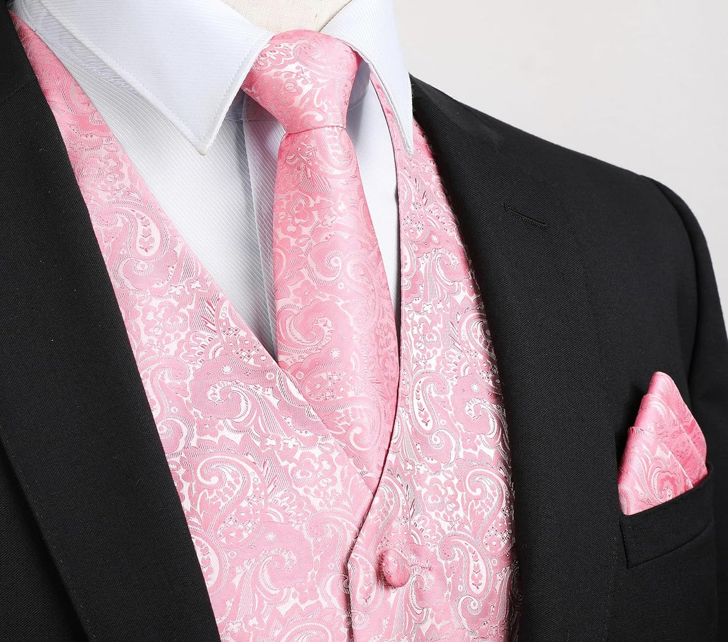 Hisdern Men's Pink Paisley Vest Tie Set For Weddings