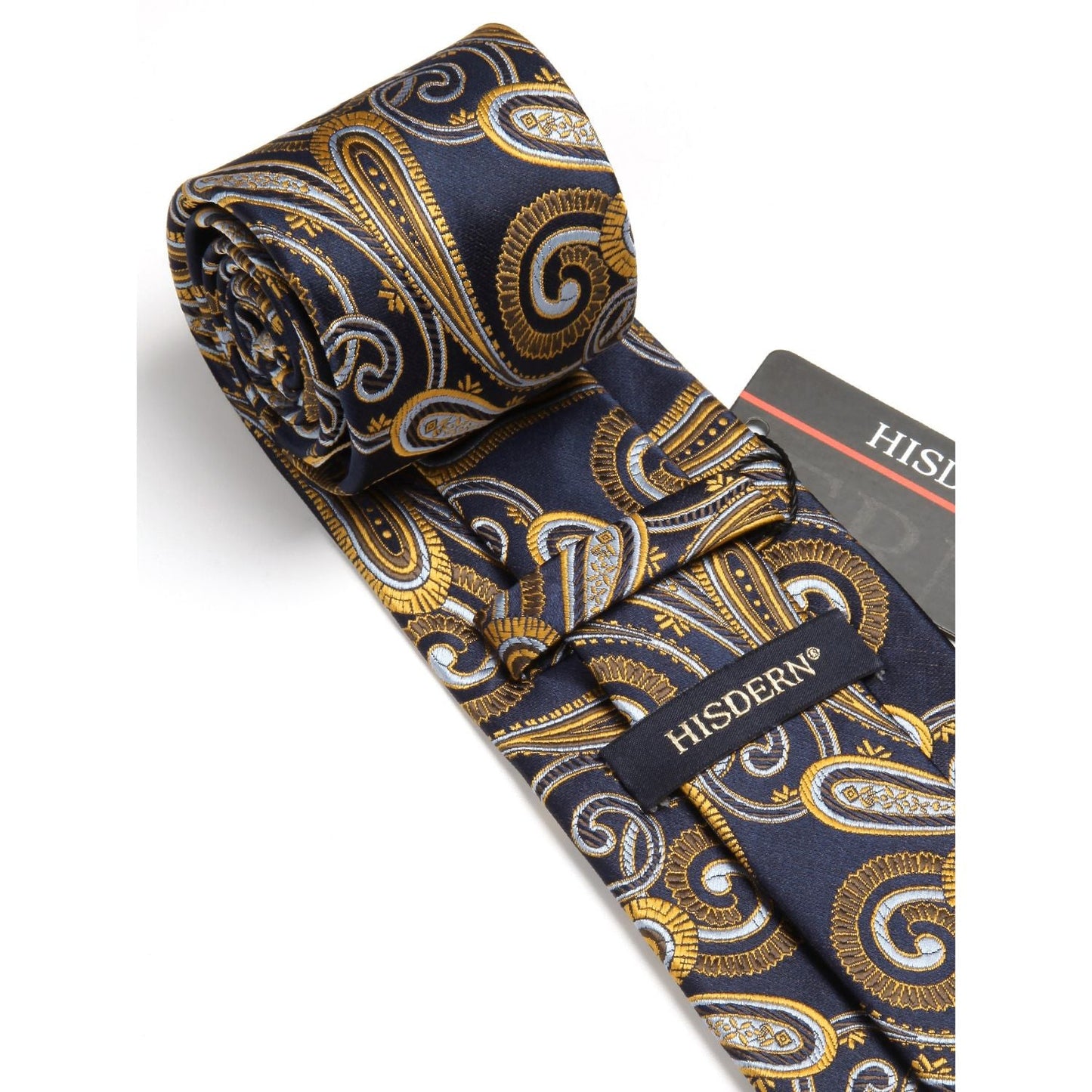 Hisdern Navy Blue Gold Paisley Tie Set For Formal Wear