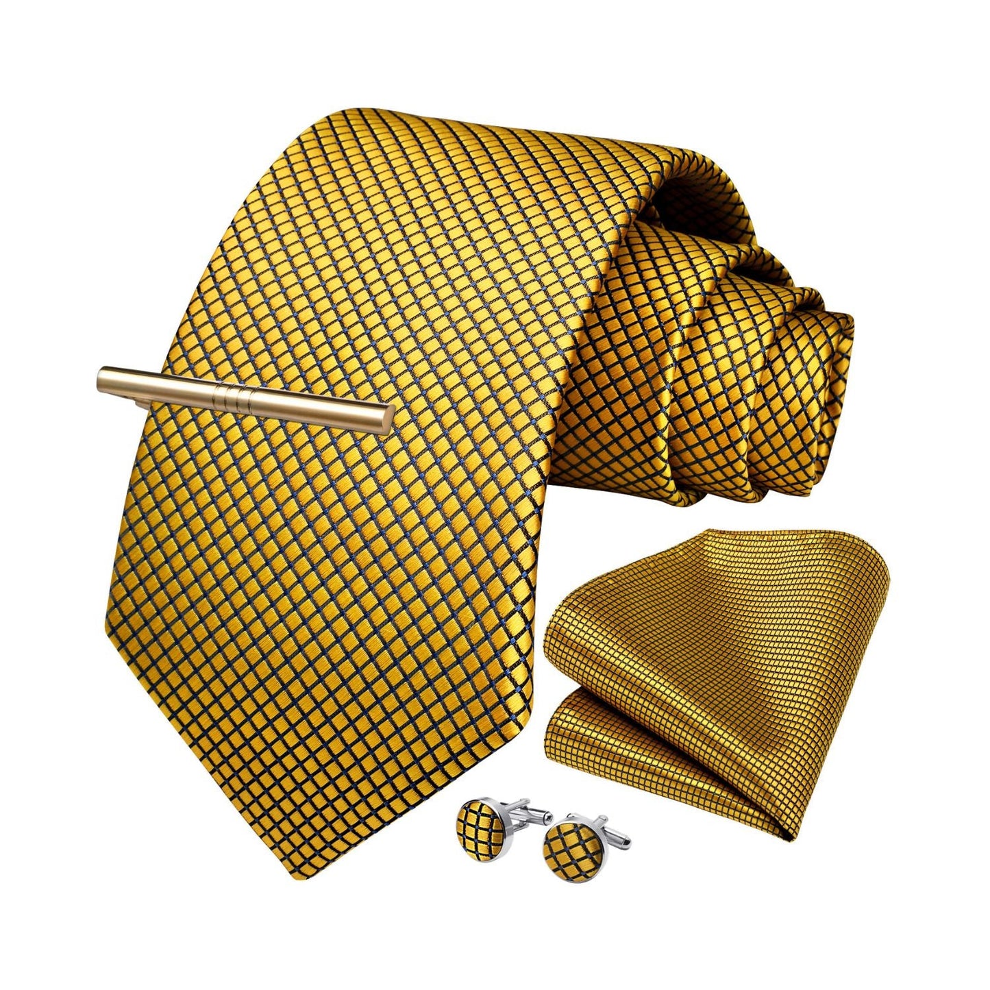 Hisdern Gold Plaid Wedding Accessories Set with Cufflinks Clip