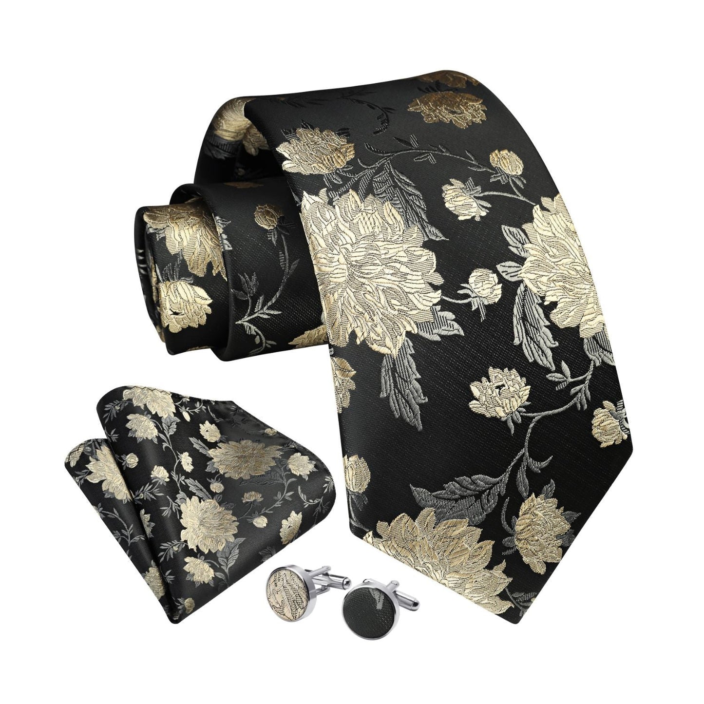 Hisdern Black Floral Wedding Tie Set with Cufflinks