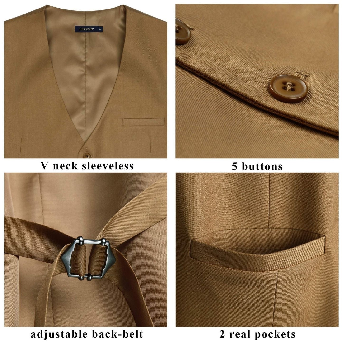 Hisdern Men's Khaki Satin Suit Vest Formal Wear