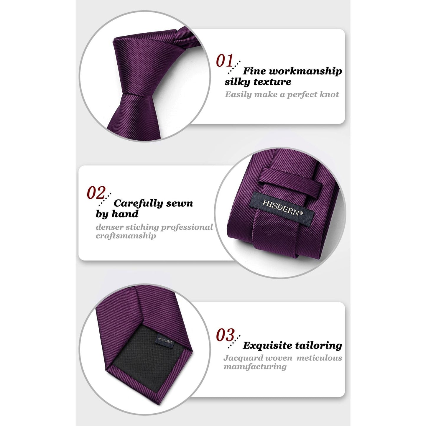 Hisdern Eggplant Purple Solid Men’s Tie Set for Formal & Wedding