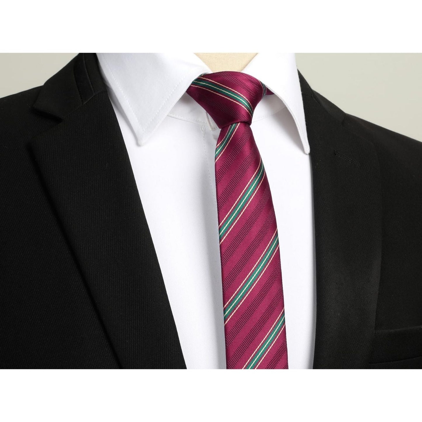 Hisdern Striped Print Skinny Tie Slim 2.17'' Formal Burgundy Wedding Tie