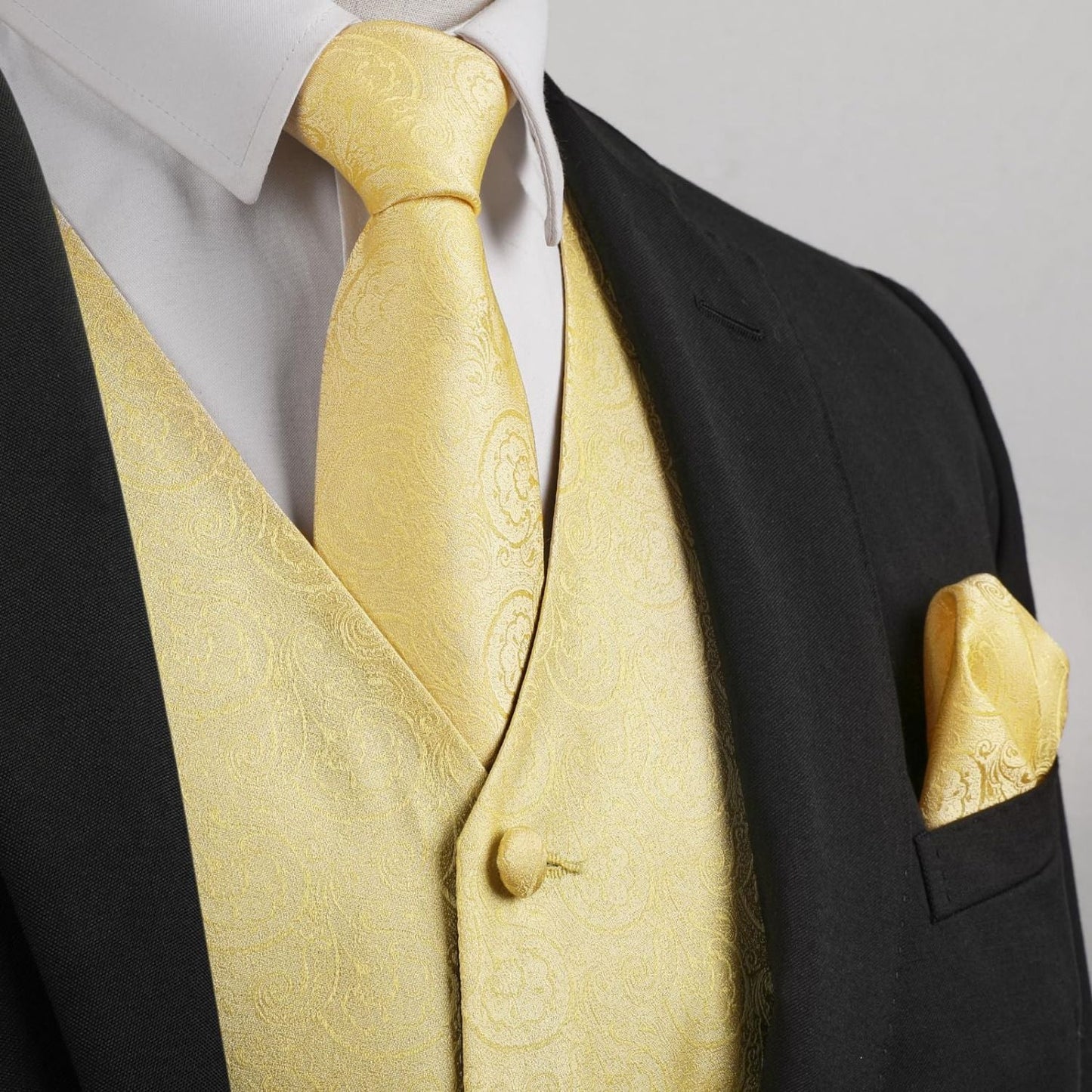 Hisdern Men's Yellow Floral Vest Tie Set For Weddings
