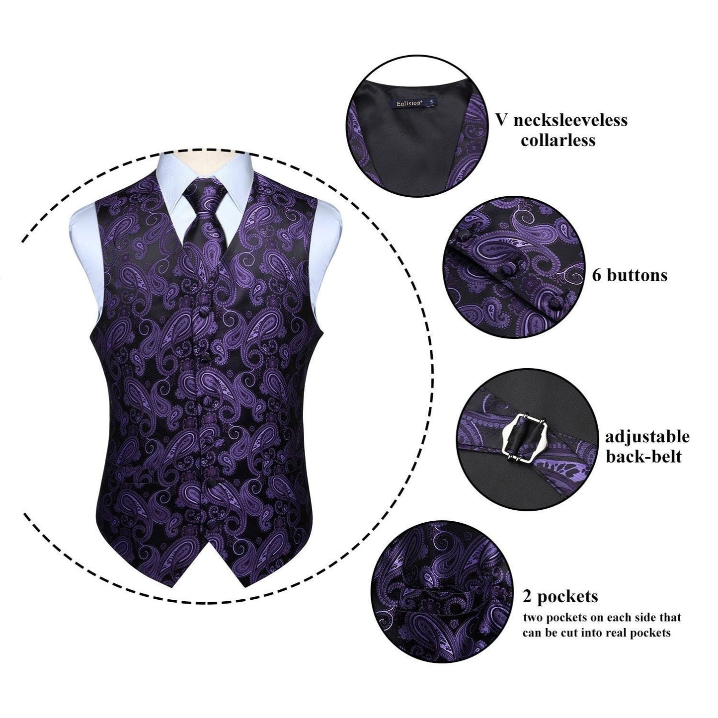 Hisdern Purple Wrinkle-Resistant Stretch Cotton Business Vest for Office Suits