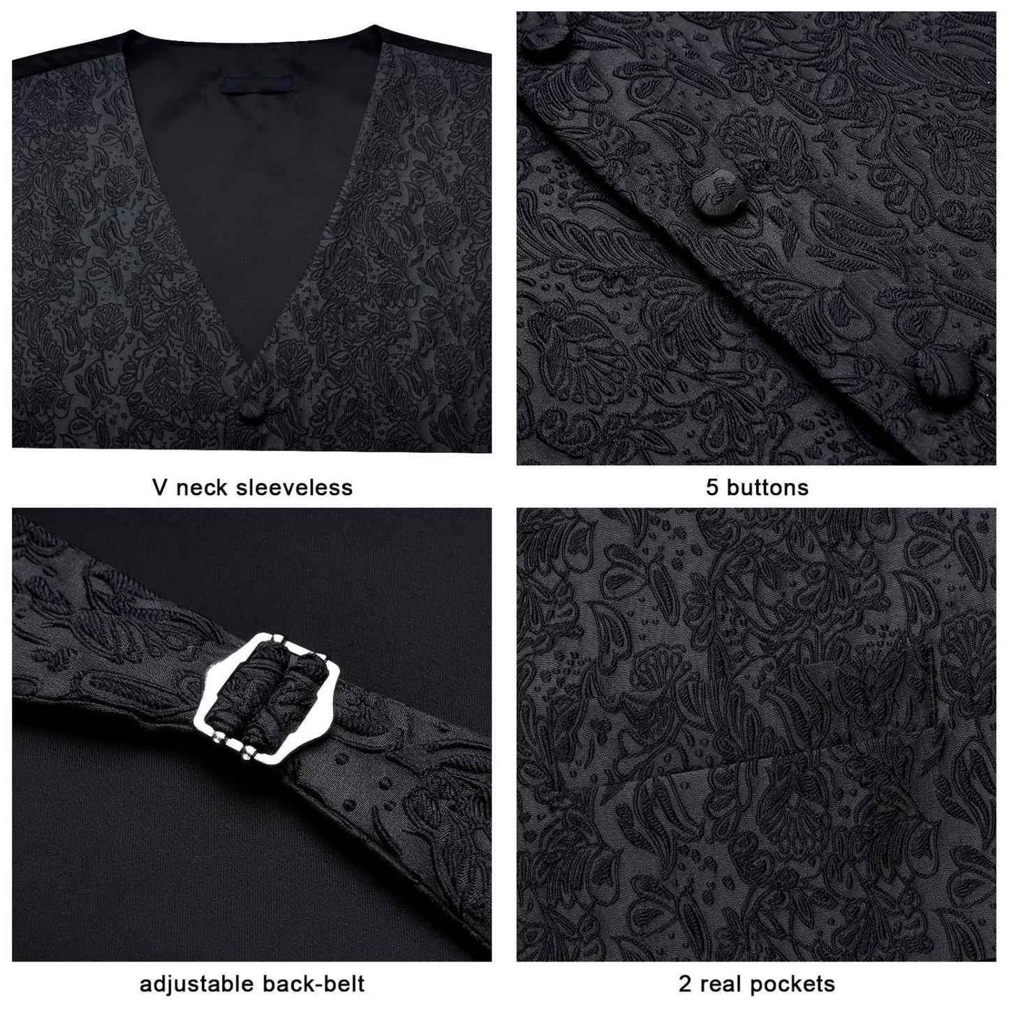 Hisdern Men's Black Paisley Vest Tie Set For Weddings Anniversary