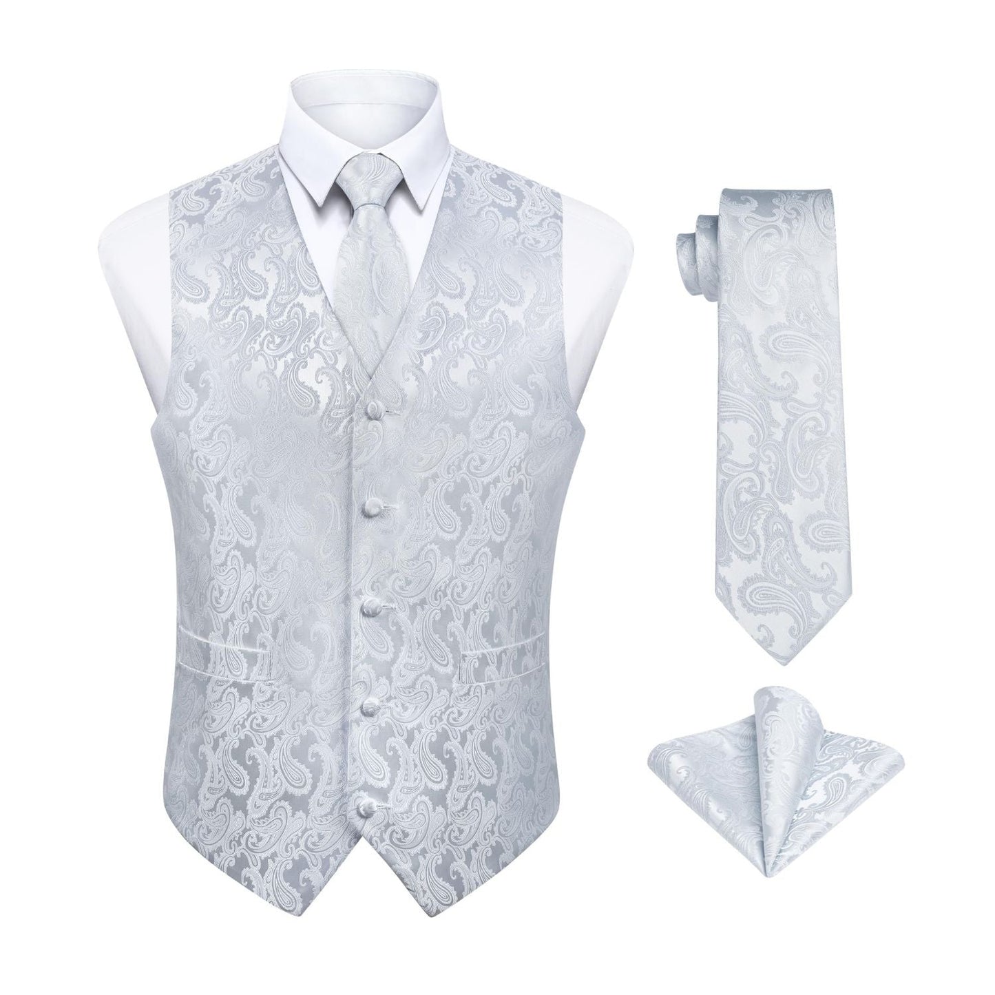 Hisdern Men's White Paisley Vest Tie Set For Weddings Anniversary