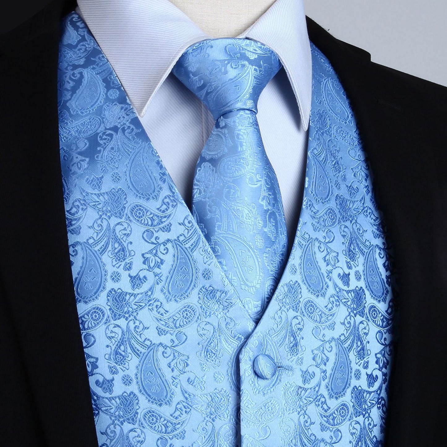 Hisdern Men's Baby Blue Paisley Vest Tie Set For Weddings