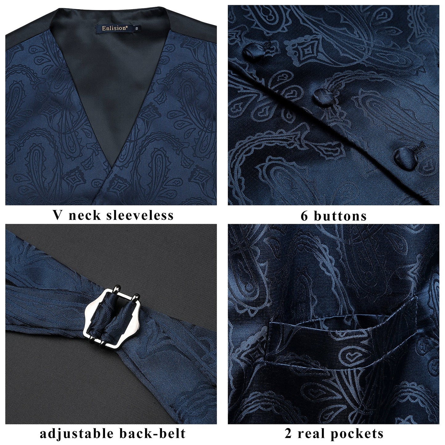 Hisdern Navy Blue Paisley Suit Vest Tie Handkerchief Set For Wedding