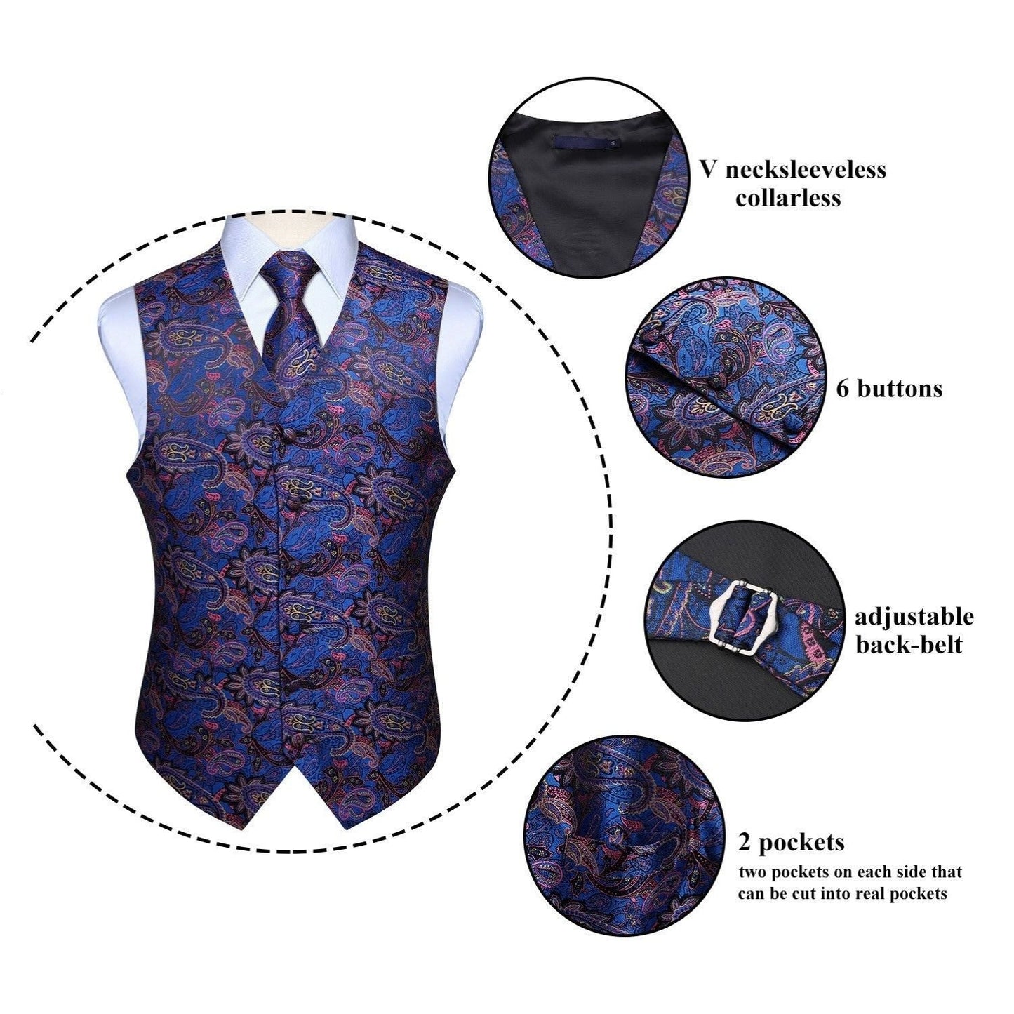 Hisdern Men's Blue Pink Paisley Vest Tie Set For Weddings