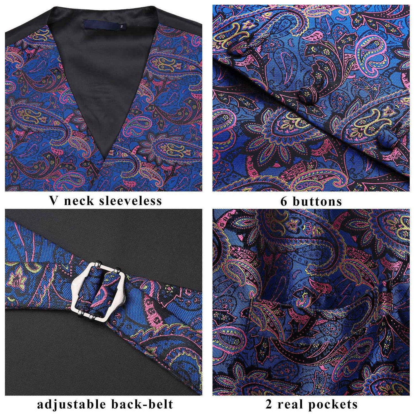 Hisdern Men's Blue Pink Paisley Vest Tie Set For Weddings