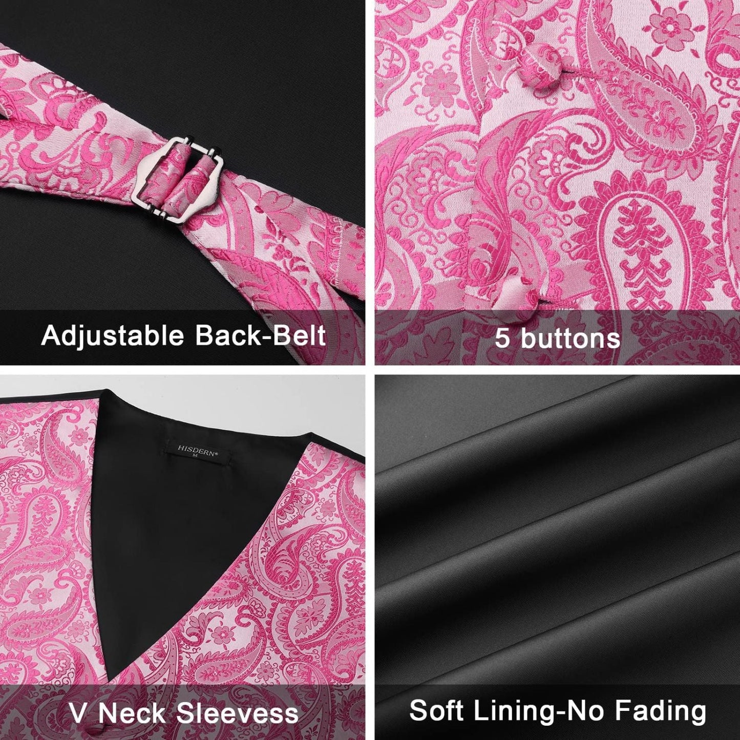 Hisdern Men's Pink Paisley Vest Tie Set For Weddings Anniversary