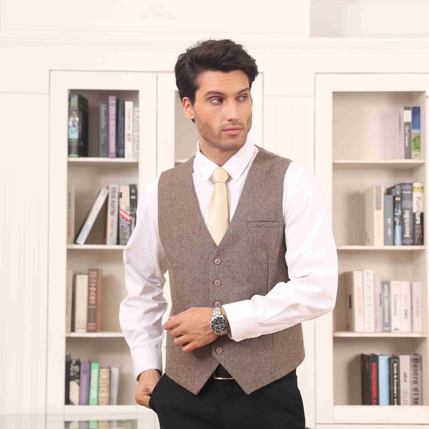Hisdern Men's Brown Wedding Vest For Skinny Guys
