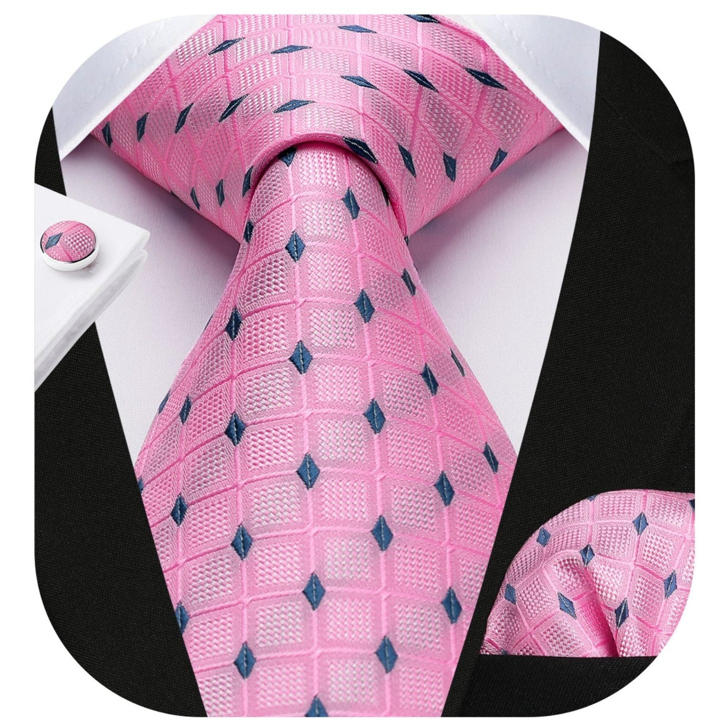 Hisdern Pink Plaid Wedding Accessories Set with Cufflinks