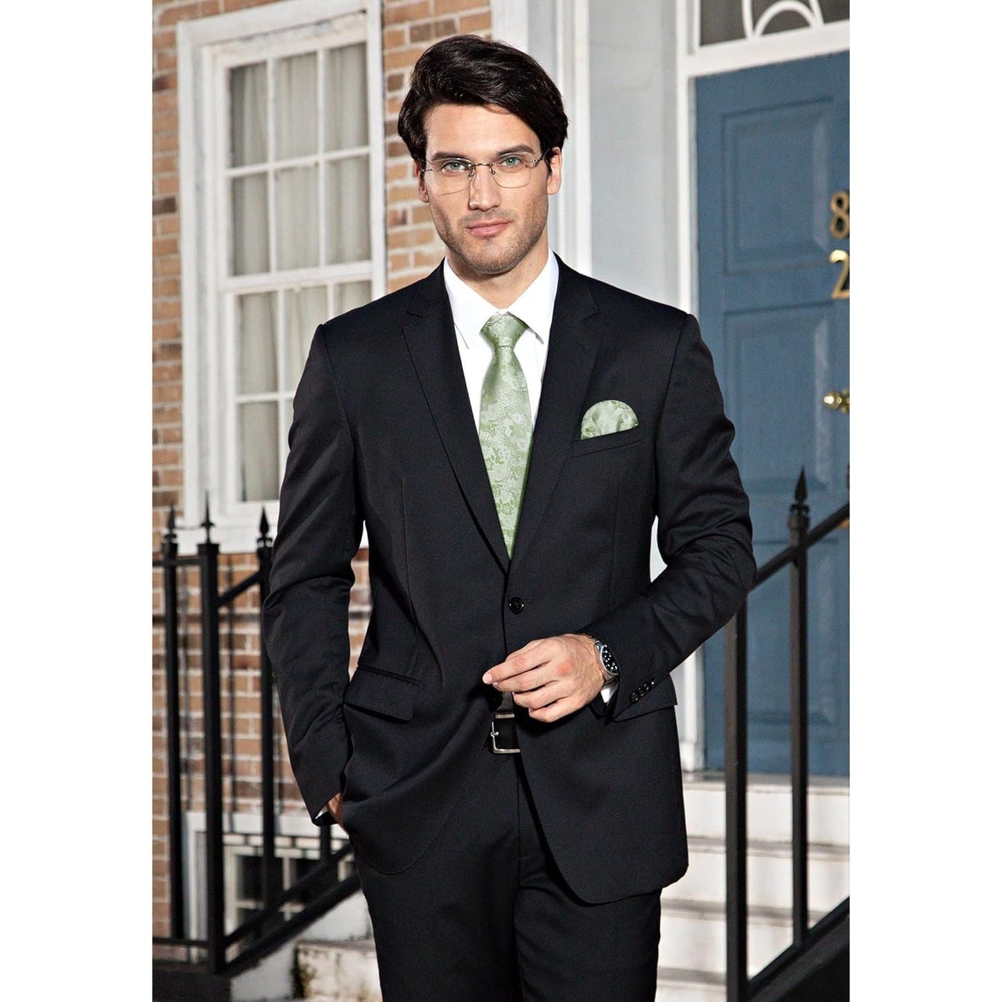 Hisdern Sage Green Wedding Tie Set – Floral Tie & Pocket Square