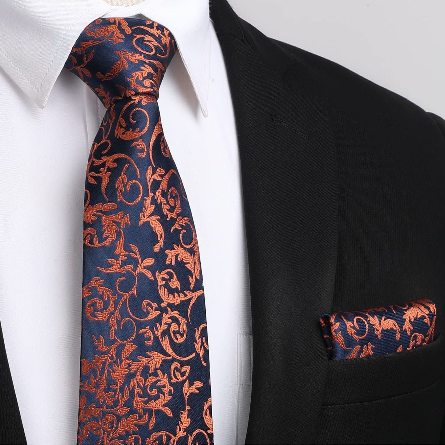 Hisdern Orange Navy Blue Paisley Tie Set For Formal Wear