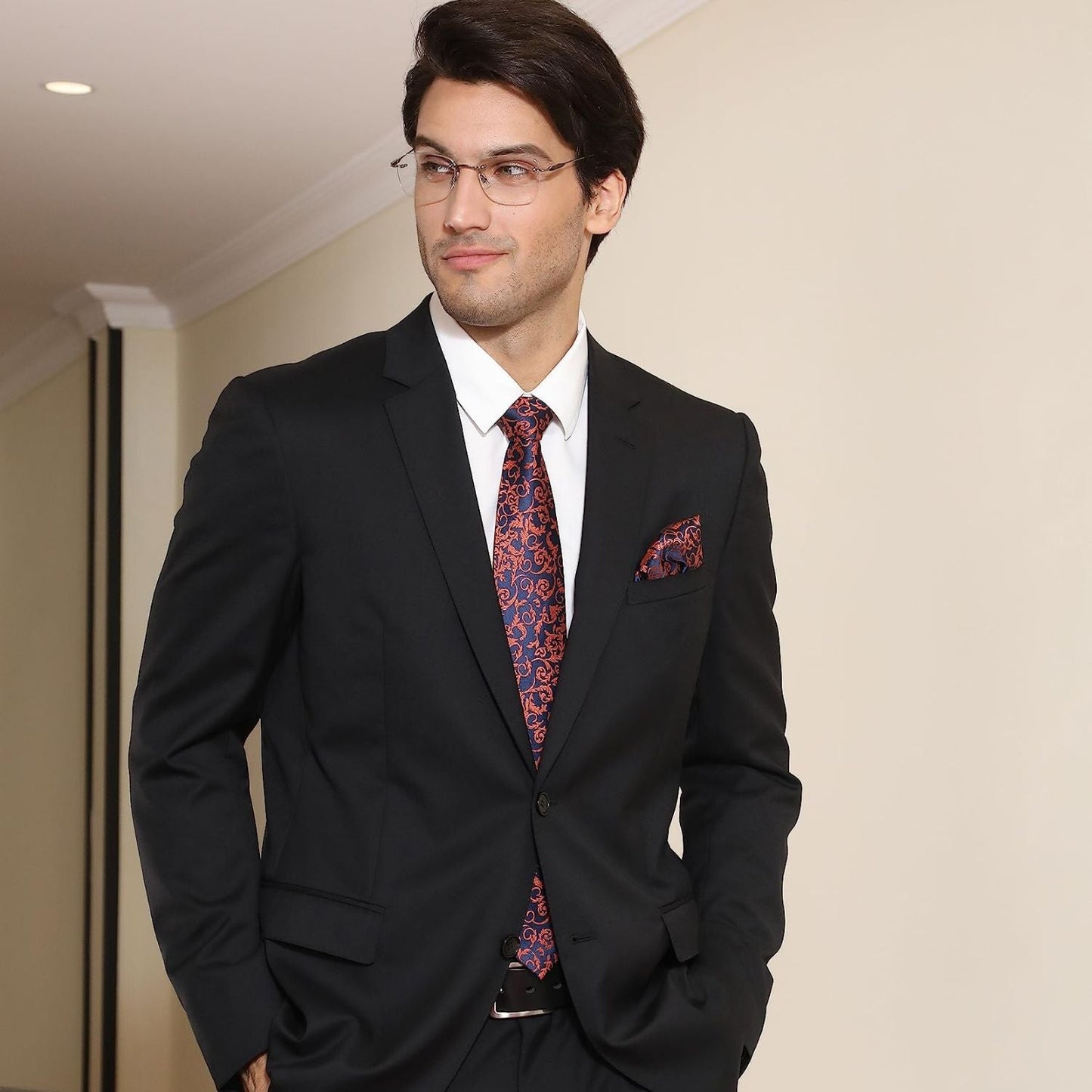 Hisdern Orange Navy Blue Paisley Tie Set For Formal Wear