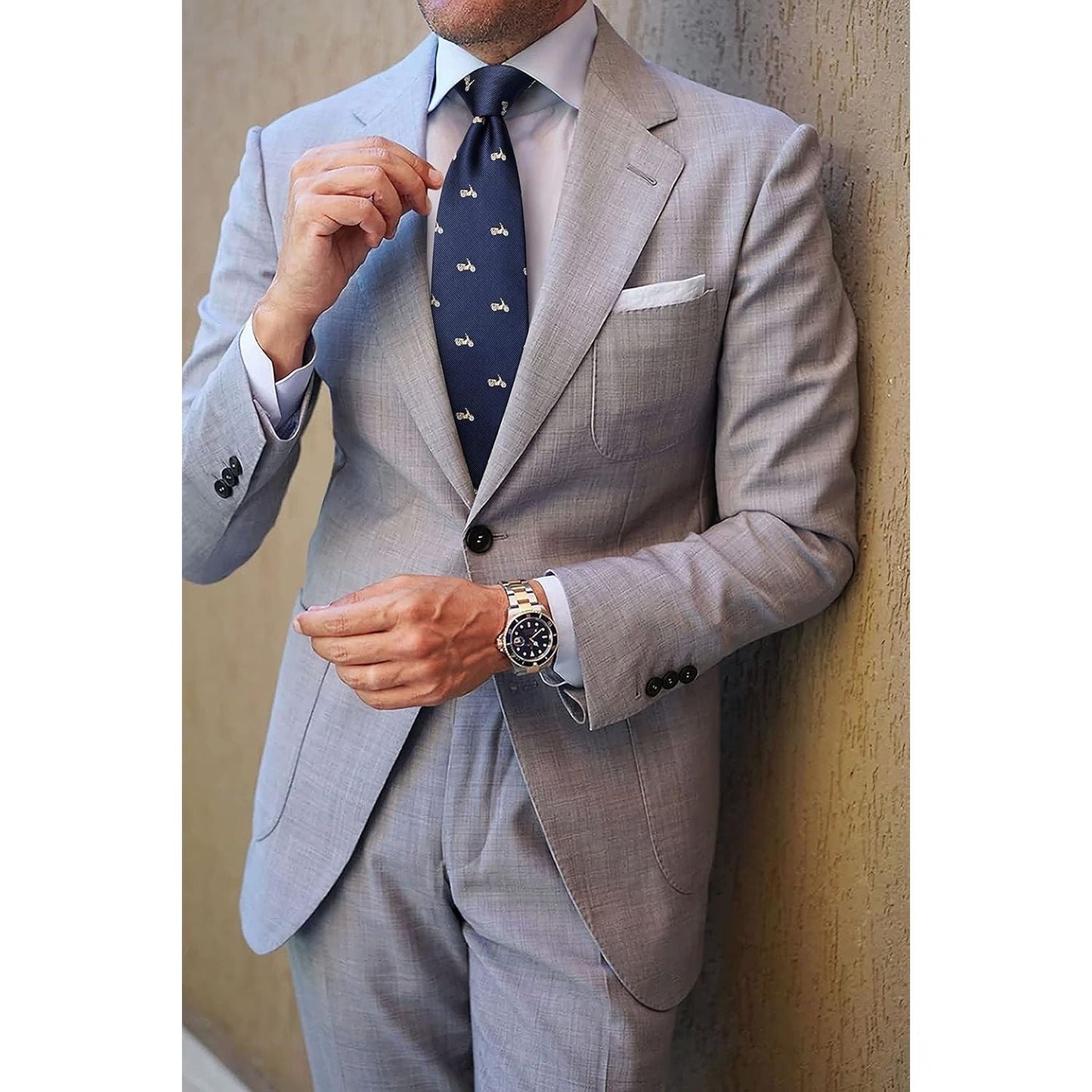 Hisdern Navy Blue Pattern Print Men's Suit Tie Set
