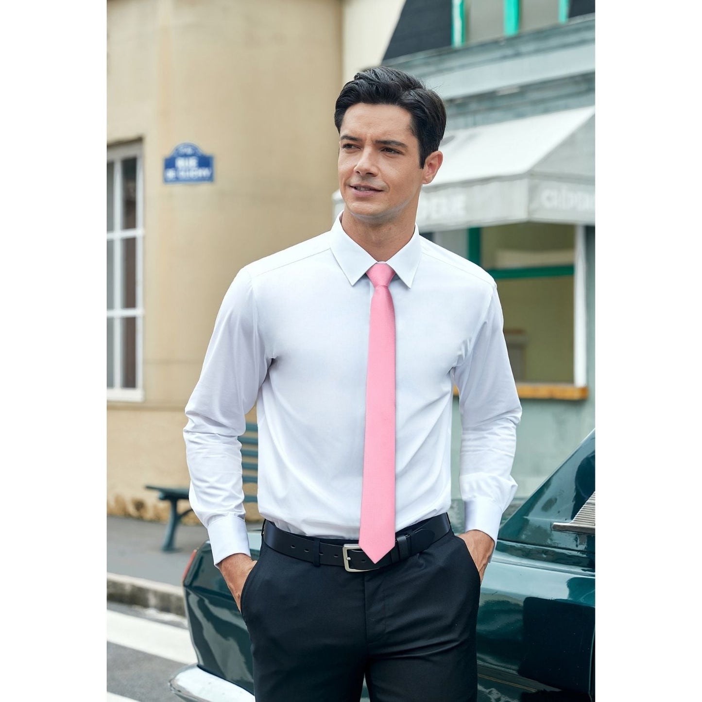 Hisdern Solid Print Skinny Tie Slim 2.4'' Formal Pink Wedding Tie
