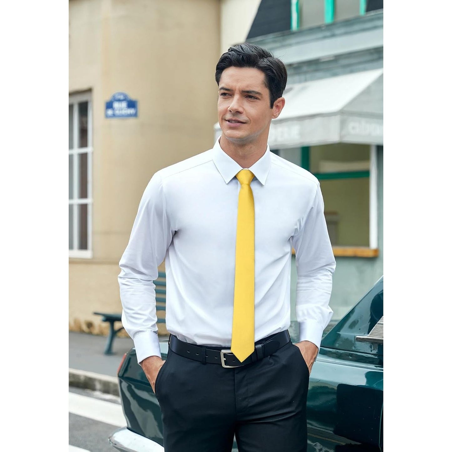 Hisdern Solid Print Skinny Tie Slim 2.4'' Formal Yellow Wedding Tie