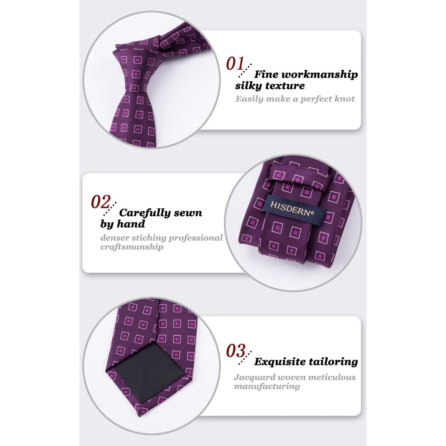 Hisdern Purple Plaid Pocket Square With Matching Tie