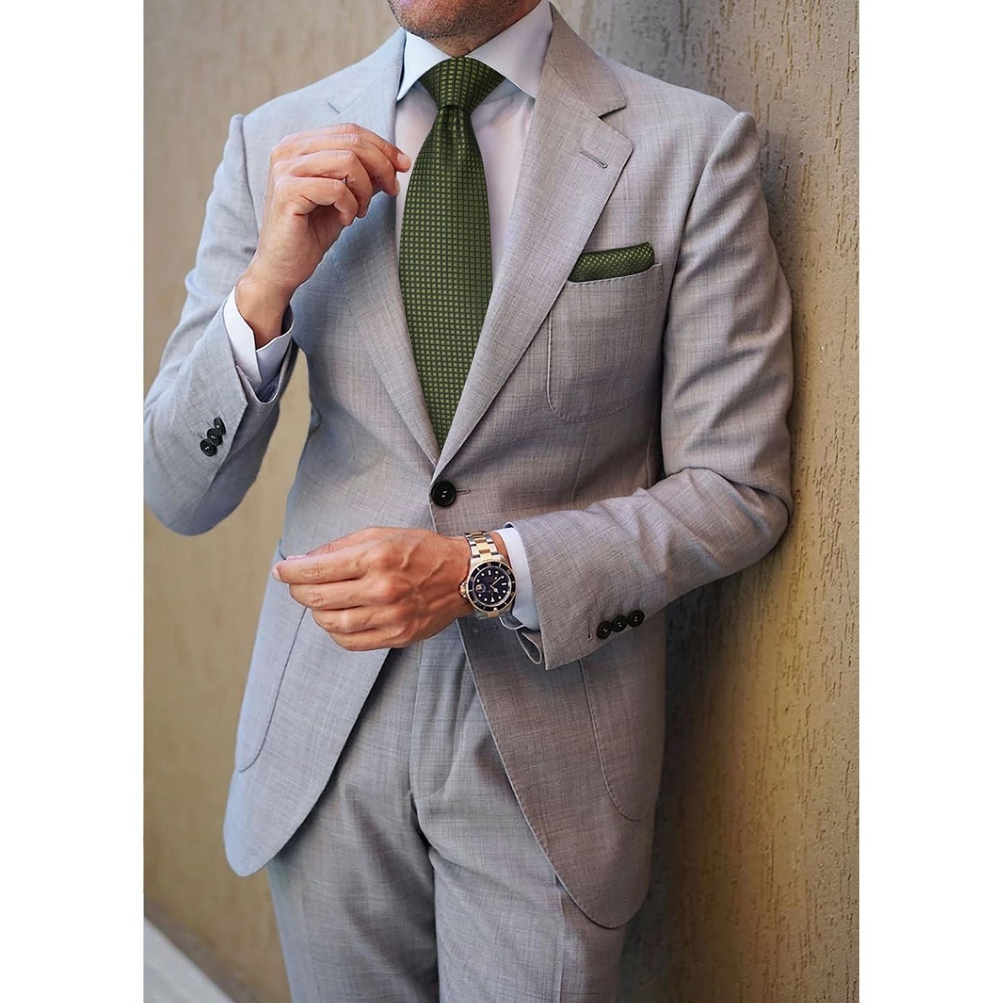 Hisdern Olive Plaid Pocket Square With Matching Tie