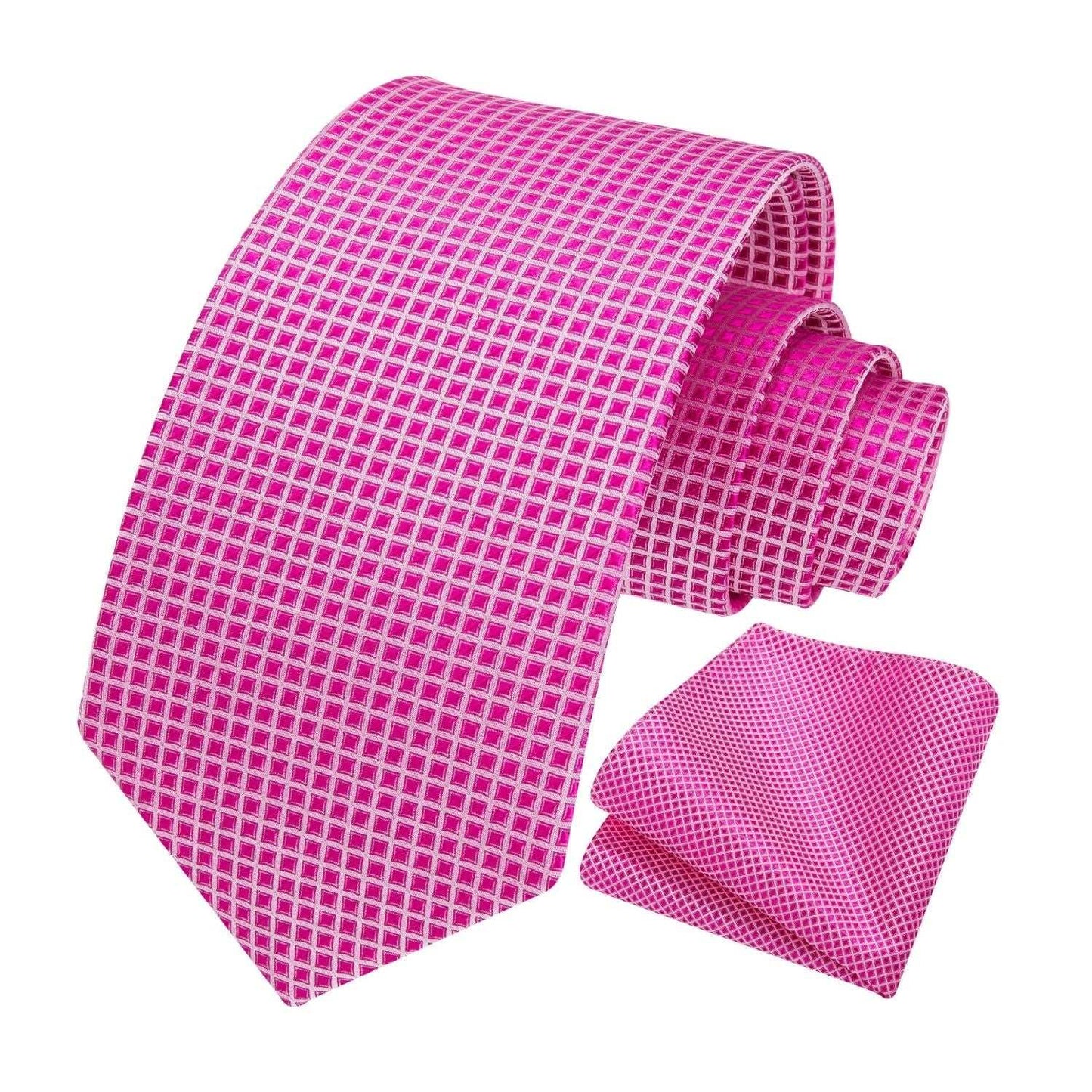 Hisdern Hot Pink Plaid Pocket Square With Matching Tie
