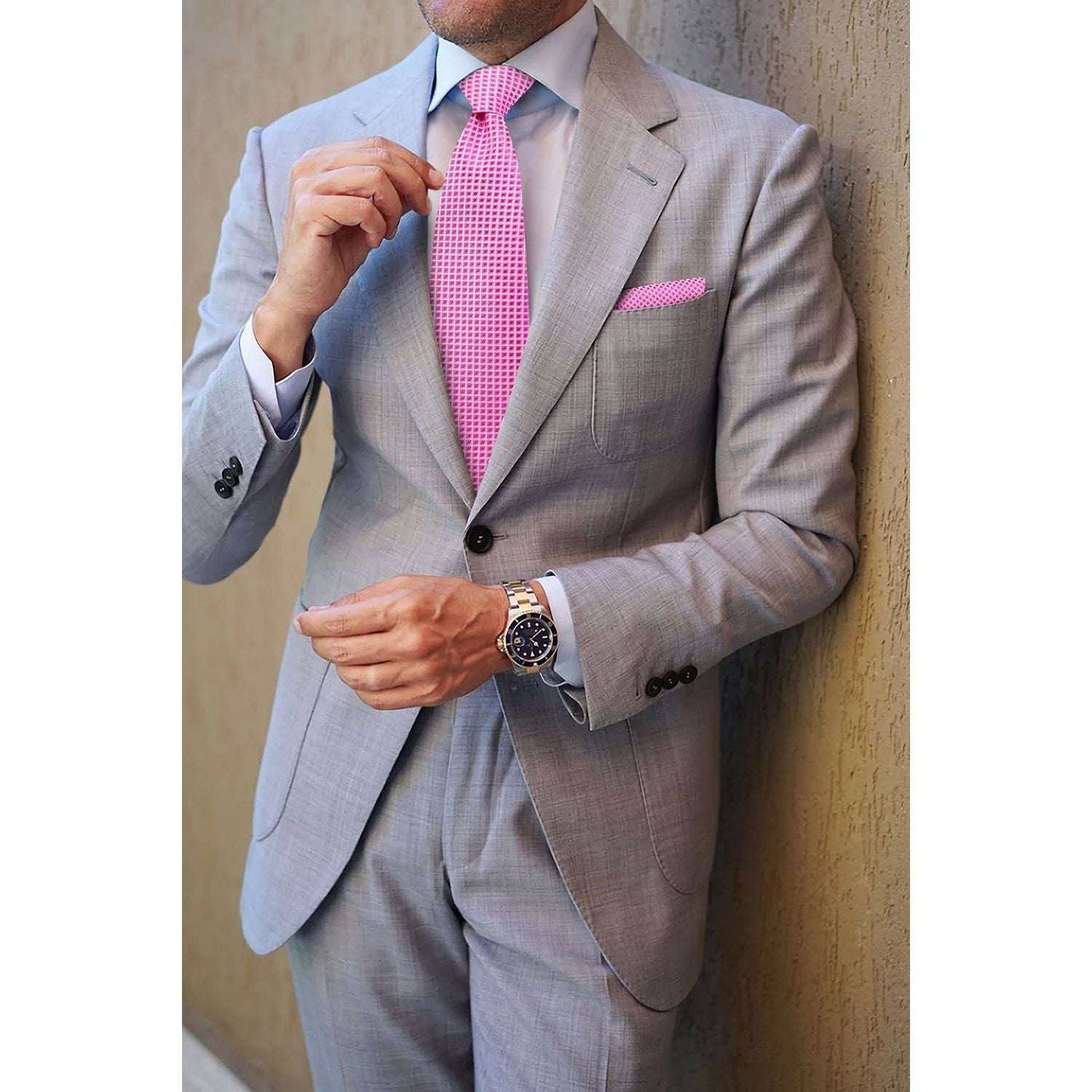 Hisdern Hot Pink Plaid Pocket Square With Matching Tie