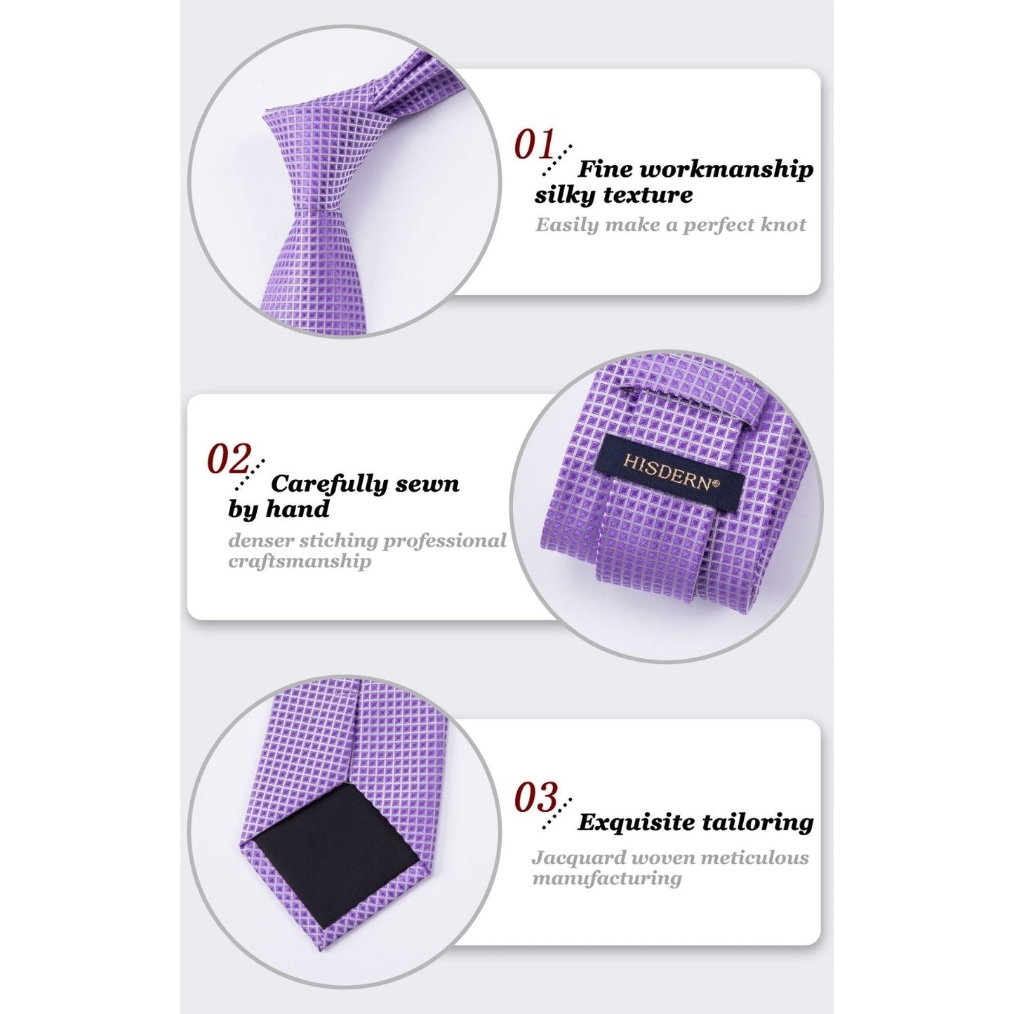Hisdern Lavender Plaid Pocket Square With Matching Tie
