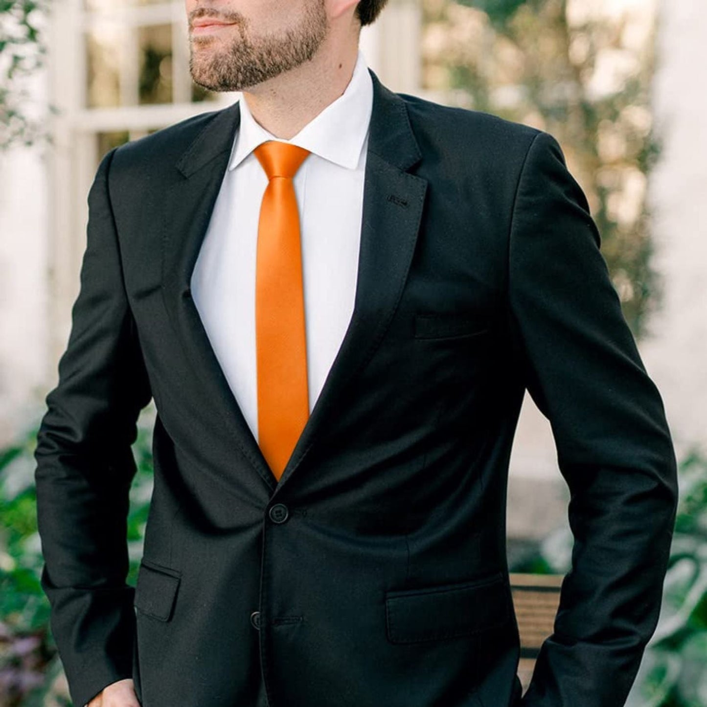 Hisdern Solid Print Skinny Tie Slim 2.4'' Formal Orange Wedding Tie