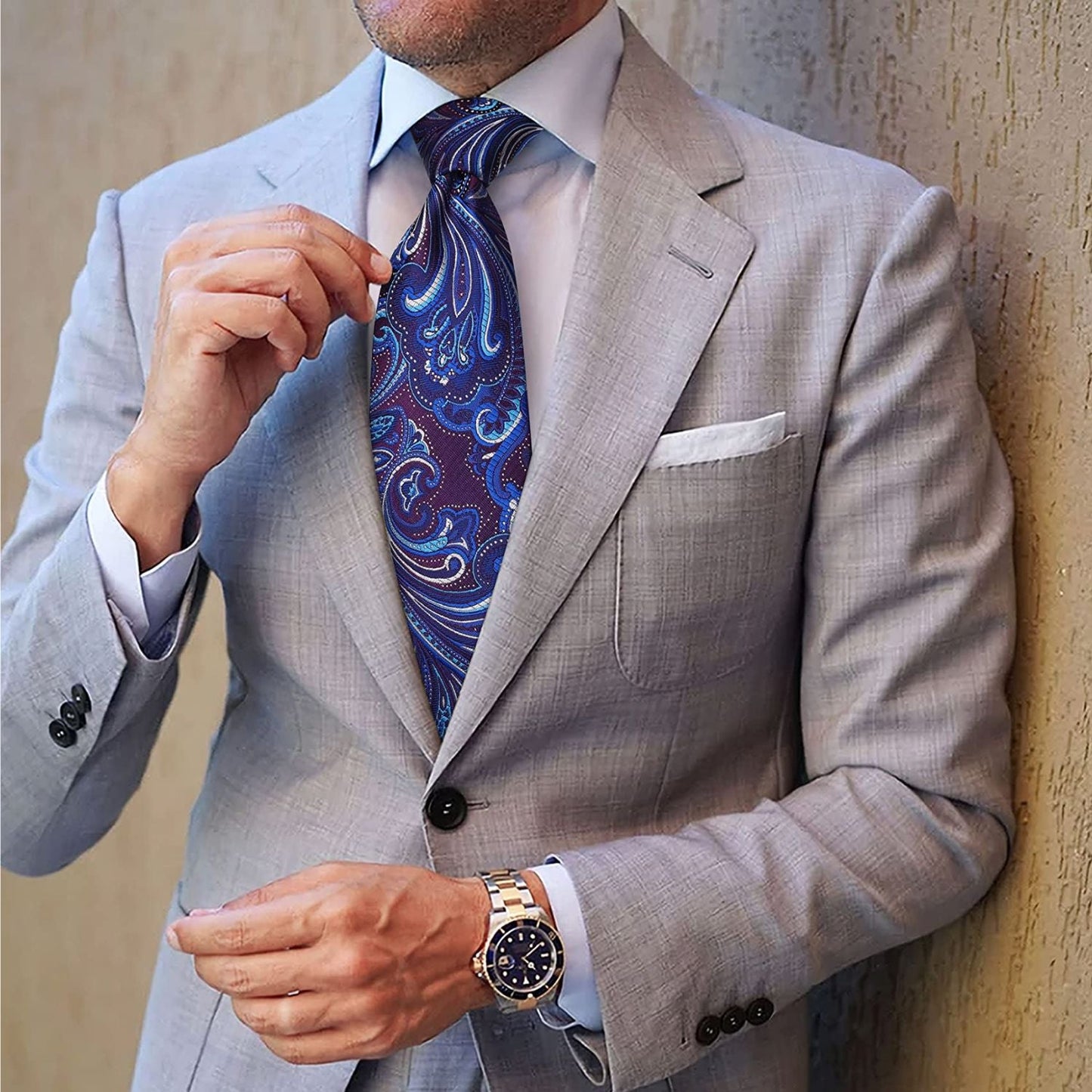 Hisdern Purple Blue Paisley Tie Set For Formal Wear